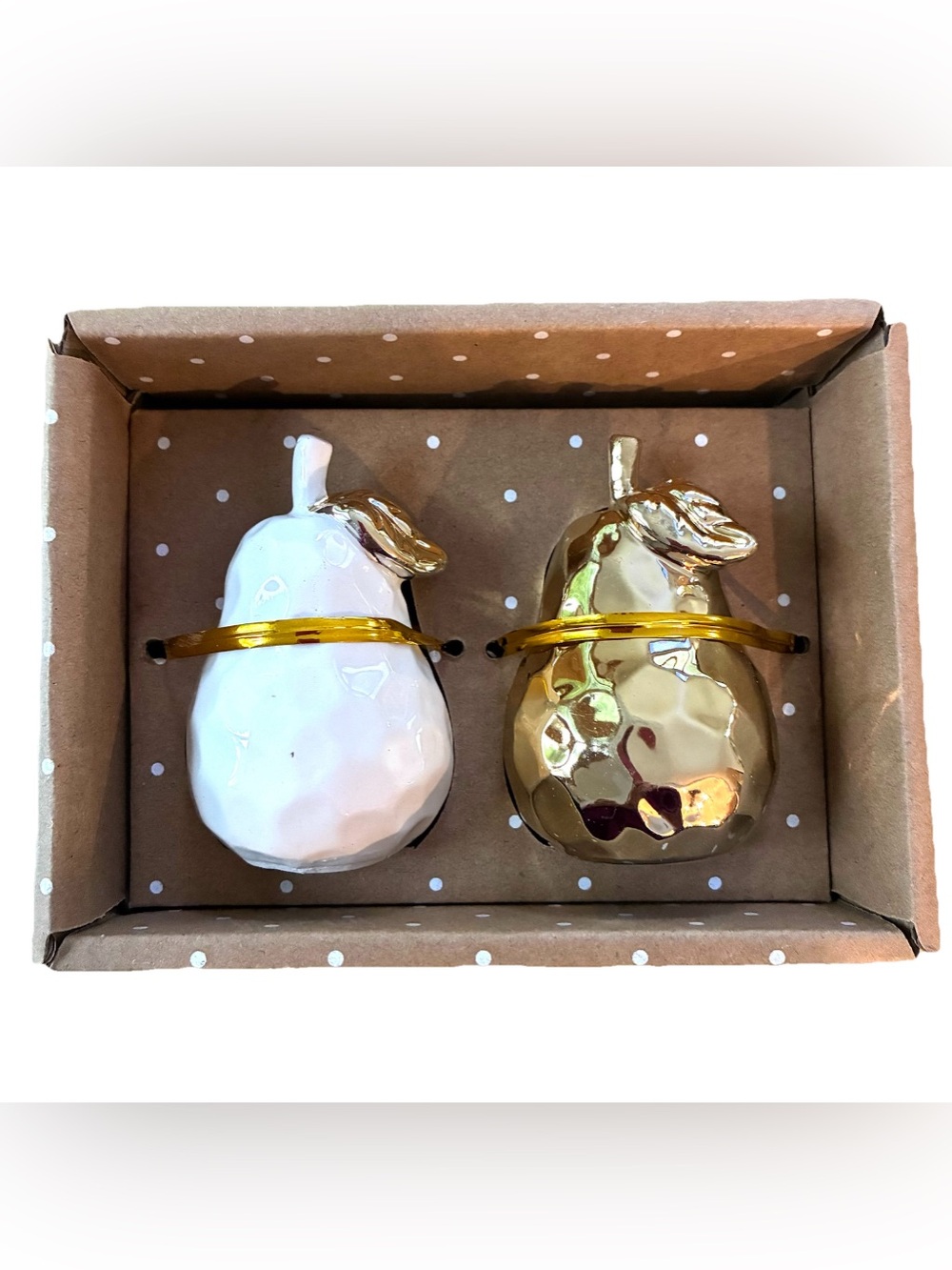 Pear Shaped Set of Salt & Pepper Shakers Glossy White & Gold 10 Strawberry St 3”